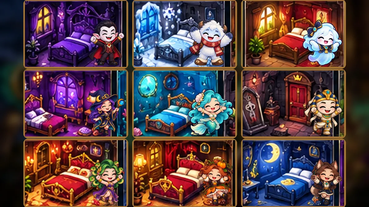 Nine GhoulStay hotel rooms, each with the monster who loves it most