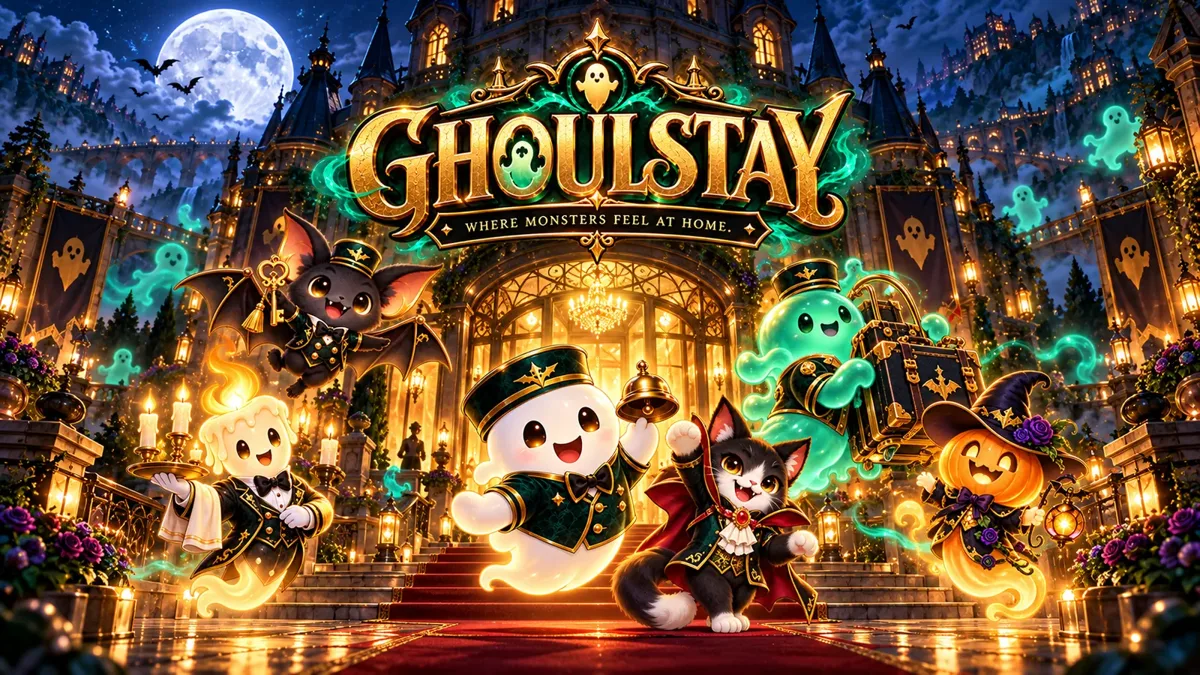 The bellhop ghost and friends at the door of the GhoulStay manor