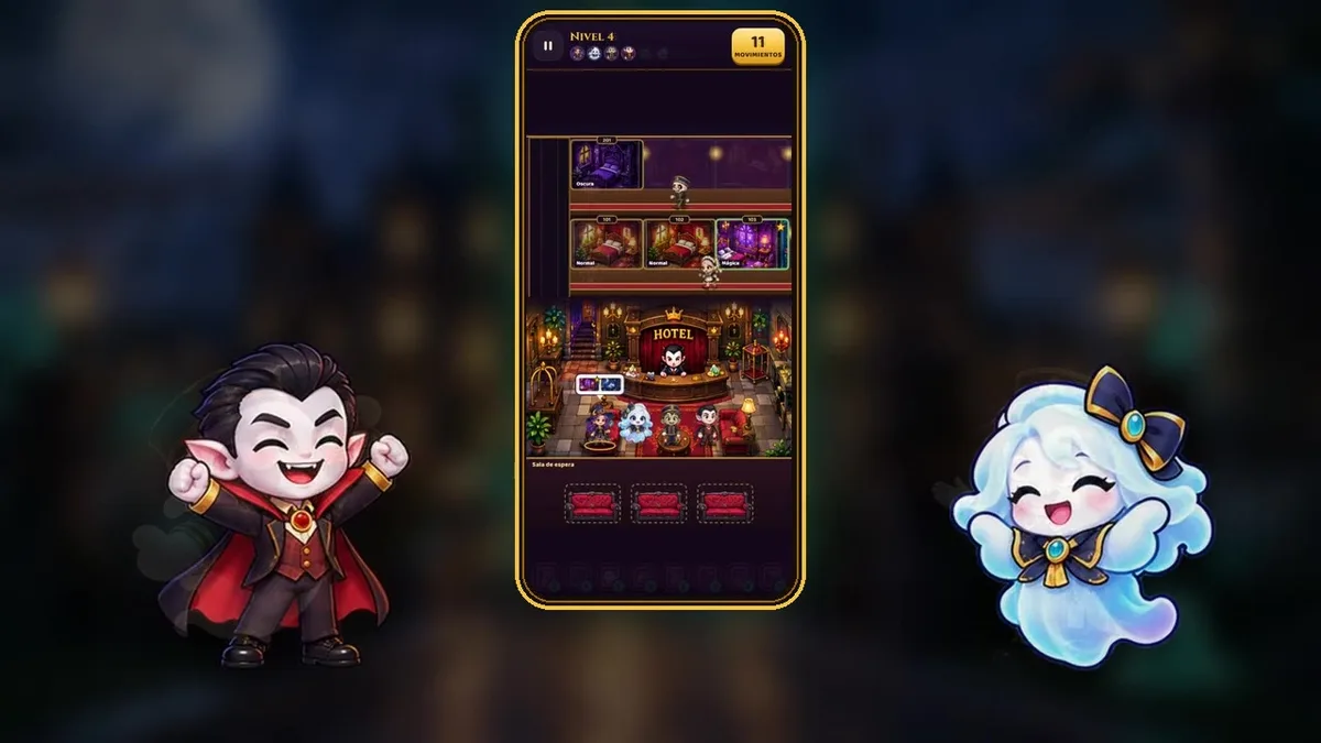 A GhoulStay game on a phone: hotel rooms, the lobby with the line of monsters and the waiting lounge
