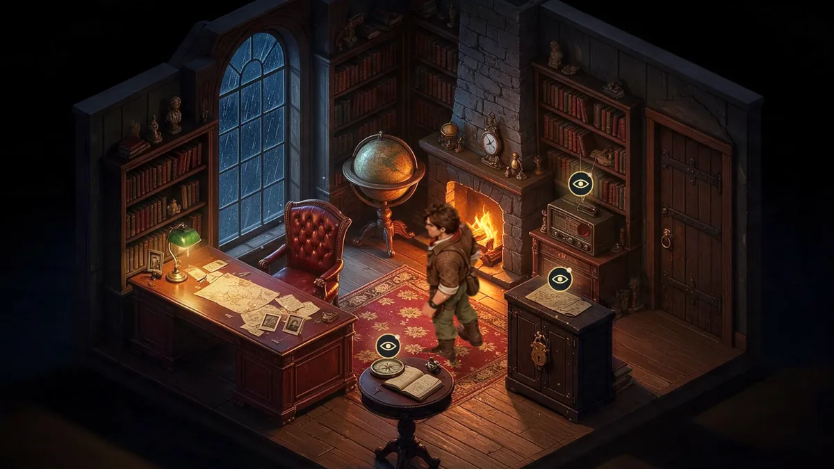 Jon Marrick in his father's study: the fire burning, the globe, the old radio and rain on the window