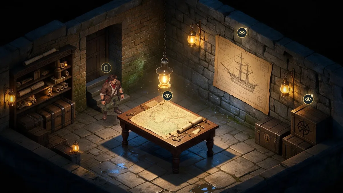 The basement of the Marrick archive: a table with a map under a lantern, a ship's plan on the wall and expedition trunks